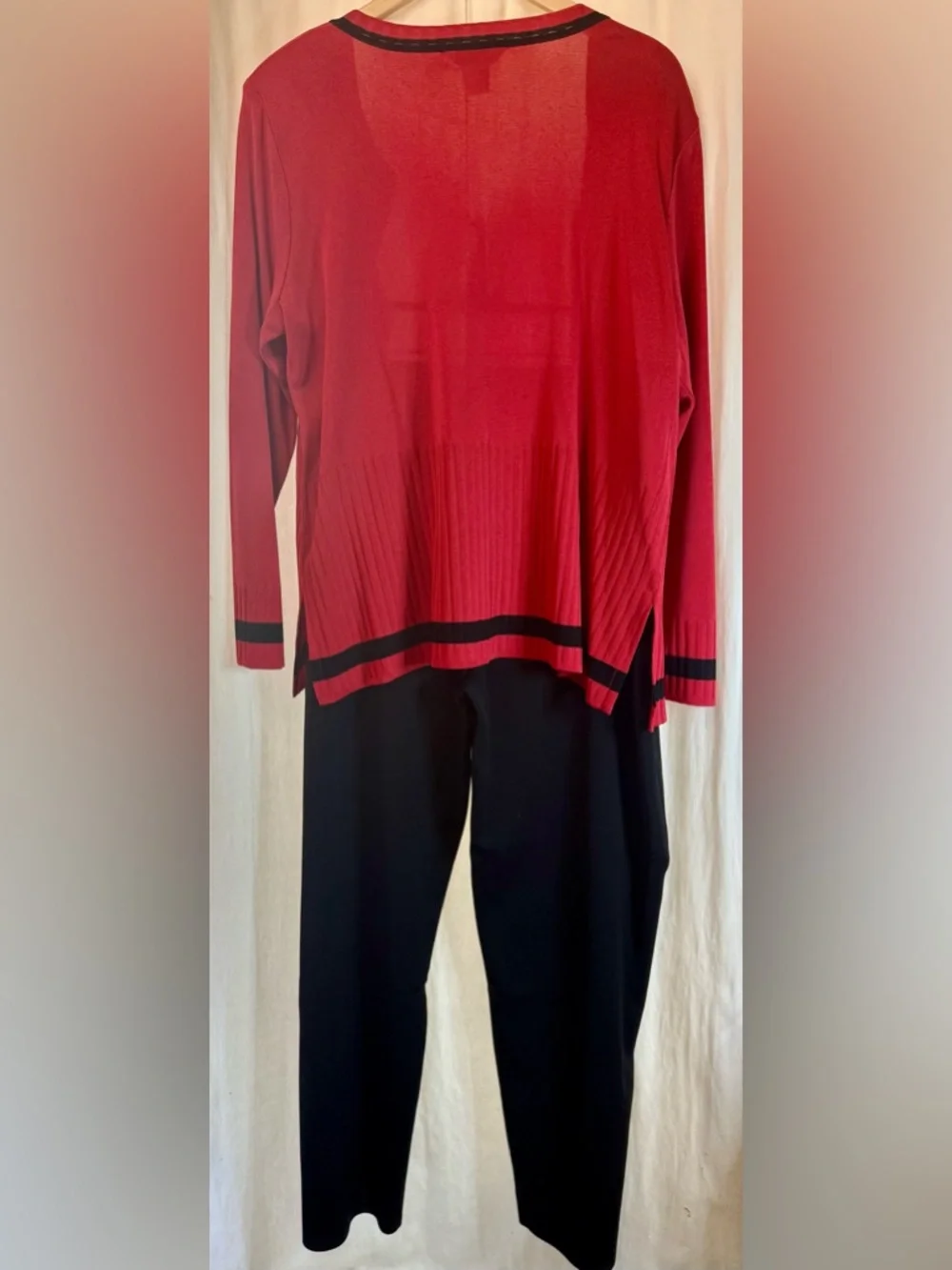 Misook Black Dress Trousers and Matching Red and Black Cardigan